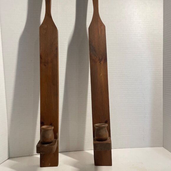 Vintage Wood Candle Wall Sconces Pair Rustic Decor 30”Tall Brown Wooden Holders - Picture 3 of 10